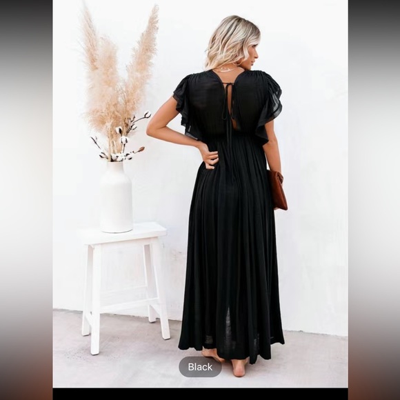Pleated Plunging Dress, Casual Solid Button Front Beach Summer Maxi Dress, - Picture 3 of 5